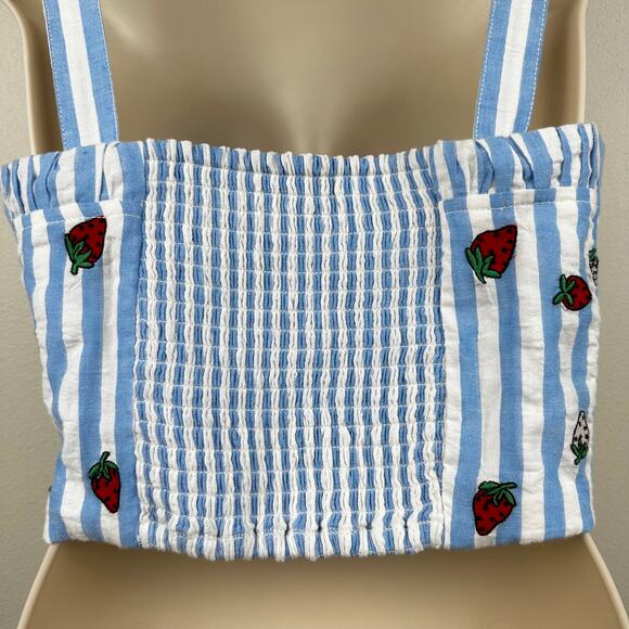 Maeve Anthropologie Striped Embroidered Strawberry Cami Top Blue 4 Coquette - Picture 7 of 15
